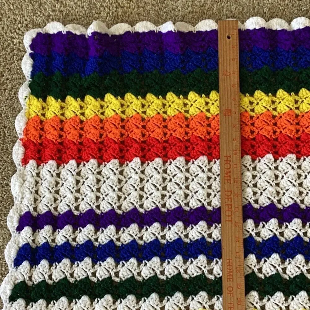 Vintage Handmade Rainbow Pride Crochet Afghan Blanket 36” X 36” Cottage Core